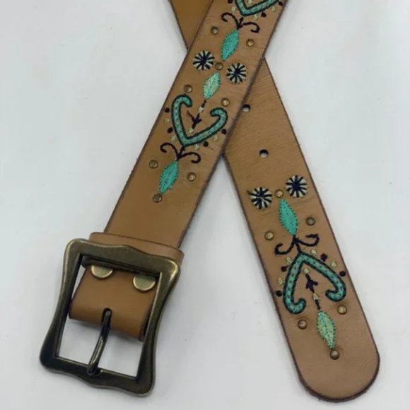 Lucky Brand Accessories - Lucky Brand Boho Cowgirl Festival Tan Belt with Teal Embroidery Size Medium